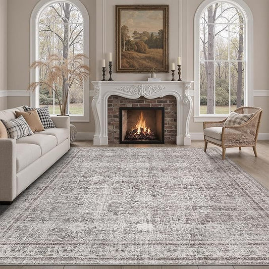 DCX Gray 9x12 Rug, Kid & Pet Friendly with Rubber Back Non Slip, Machine Washable Stain Resistant Vintage Traditional Distressed Carpet, Rug for Living Room, Bedroom, Home Decor