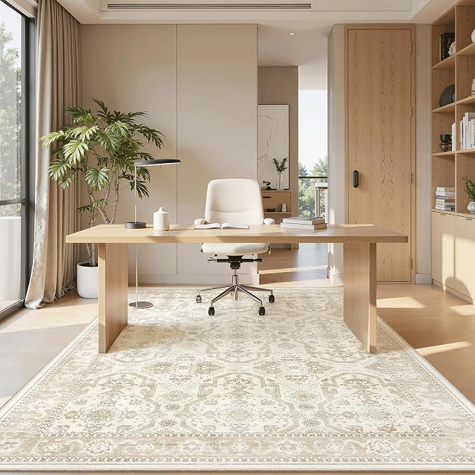 Soalmost 5x8 Area Rugs Beige/Brown Low Pile Indoor Washable Trendy Faded Style Rugs for Bedroom Living Room Dining Room Foldable Non-Slip Thin Print Home Office Mat