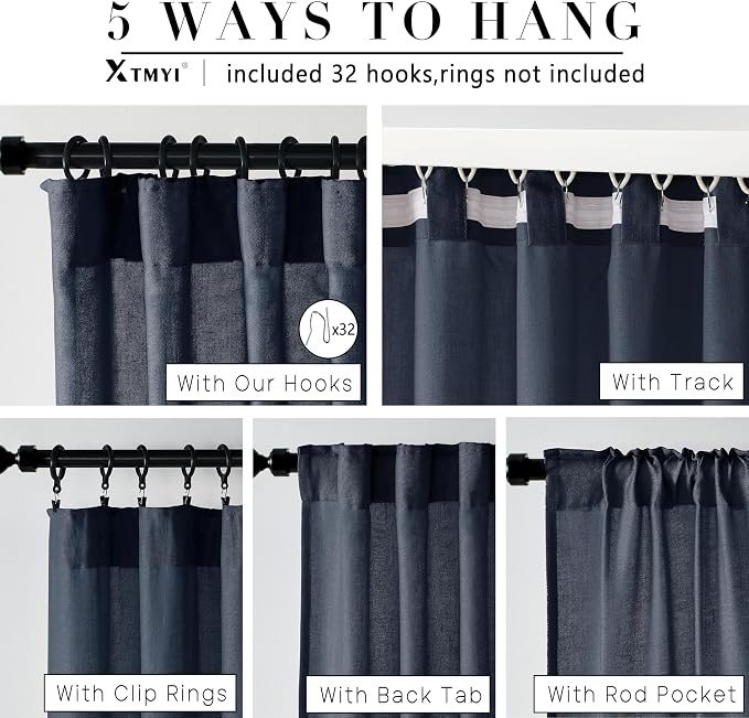 XTMYI Indigo Blue Curtains 108 Inches Long for Living Room 2 Panels Set Back Tab Hook Pleat Linen Extra Long Sheer Curtain Drapes for Dining Room,Total Wide 100 x 108 Inch Length,Dark Navy