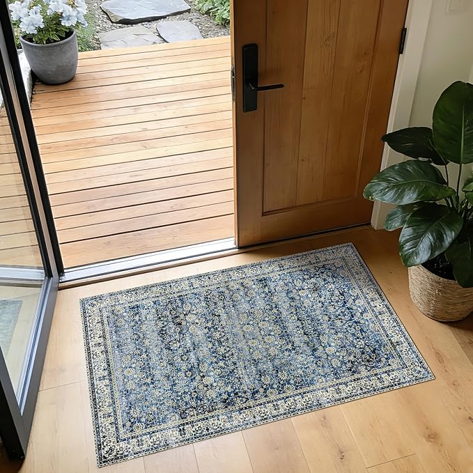BILEEHOME Vintage Blue Kitchen Rugs 2x3 Dark Blue Distressed Low Pile Area Rug for Entryway Bathroom Washable Non Slip Boho Retro Floral Carpet for Side of Bed Entry 2 x 3