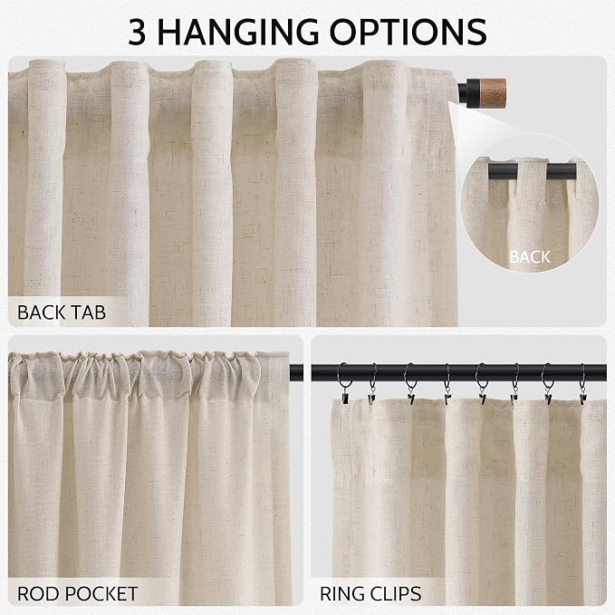Nanspring Living Room Curtains 72 Inch Length Linen Cream Beige Luxury Light Filtering Semi Sheer Curtain Back Tab Modern Farmhouse Decor Elegant Coastal Drapes for Bedroom Office 52x72, 2 Panels
