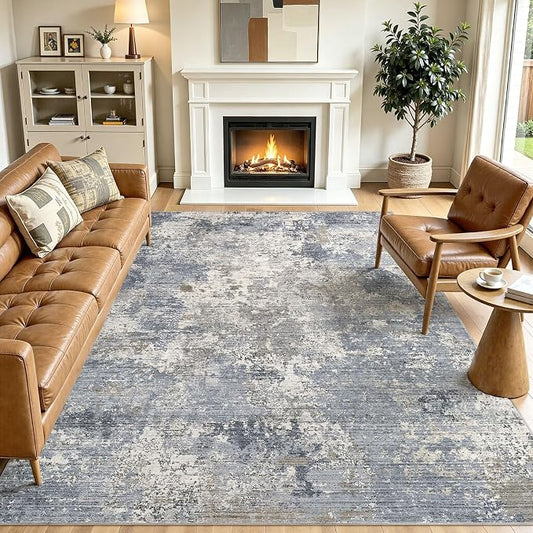 Area Rugs 8x10 Living Room: Washable Large Abstract Modern Neutral Soft Rug Stain Resistant Non-Slip Backing Carpet for Bedroom Dining Room Nursery Home Office Decor - Light Denim Blue