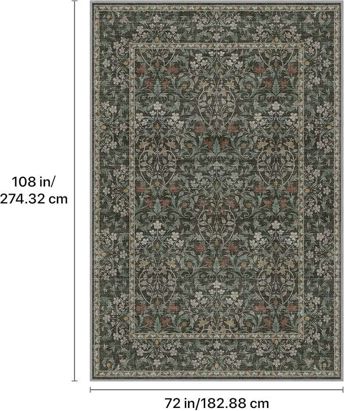 GENIMO 6x9 Washable Living Room Area Rug, Non Slip, Black | Vintage Boho Floral Low Pile Thin Carpet for Bedroom, Dining Room, Nursery, Indoor Decor