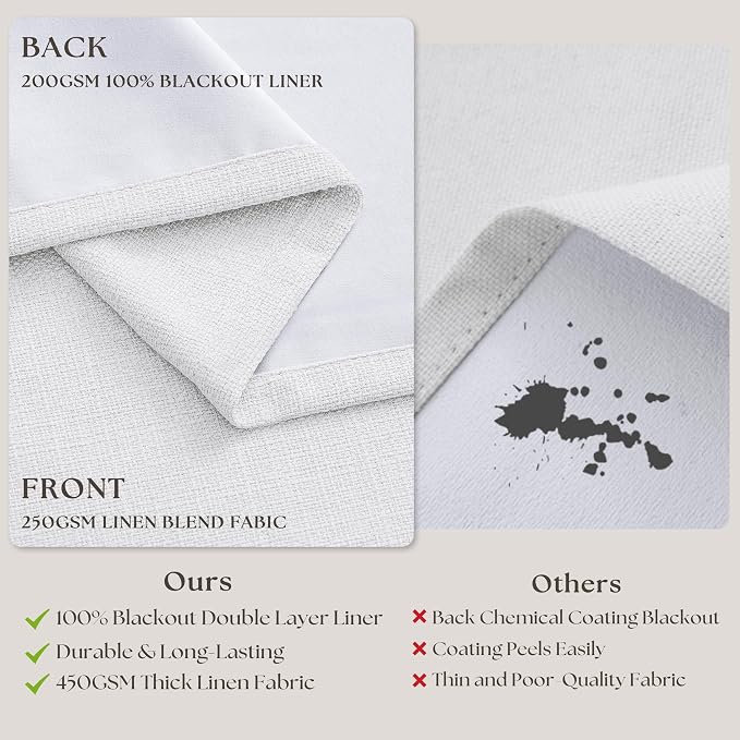 White Pinch Pleated Blackout Linen Curtains 120 Inches Long for Living Room Bedroom 2 Panels Room Darkening Thermal Insulated Neutral Pure White Farmhouse 100% Black Out Window Curtain Drape 120 Inch