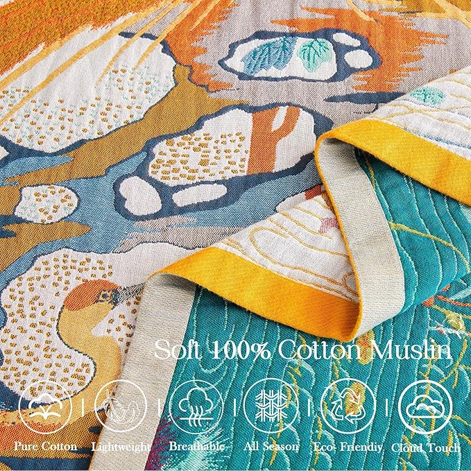 XIBLC Fall Throw Blanket for Couch, Yellow Boho Decorative Throw Blanket, 100% Cotton Muslin Breathable Woven Farmhouse Blankets Quilt, 50"x60" Reversible Lightweight Blankets Bohemian Throw Quilt