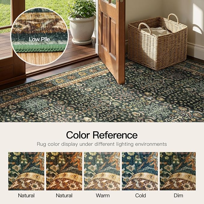 Lofus 6x9 Washable Green Area Rug for Living Room Bedroom Non-Slip Low Pile | Soft Boho Vintage Area Rugs for Bedroom Dinning Room Home Office Indoor