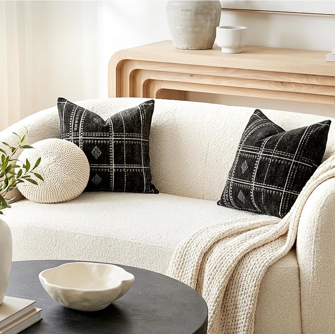 BlissBlush Decorative Throw Pillow Covers 20x20 Set of 2, Boho Textured Chenille Accent Throw Pillow Covers for Couch Sofa Bed Living Room Home Décor, Black (Cover Only)