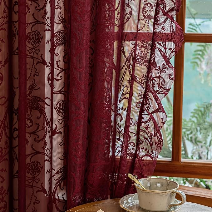 TUDECO Sheer Burgundy Curtains for Bedroom 2 Panels Set - Romantic Floral Branch Wine Red Lace Curtains 72 Inch Length, Embroidered Ruffle Window Treatment Vibrant Home Decor, 59 x 72 Inch, Maroon