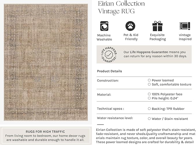 HUGEAR Retro 2x8 Washable Runner Rugs Brown Hallway Bedroom Kitchen Throw Carpet Vintage Distressed Neutral Stain Resistant Non Slip & Shedding Low Pile for Home Aesthetic Decor