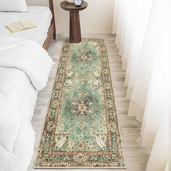 Washable Runner Rug 2'x6',Green Rug Runners Non Slip,Long Boho Rugs for Hallways Kitchen Bedroom Entryway Living Room Bathroom,Vintage Bohemian Distressed Oriental Floor Carpet