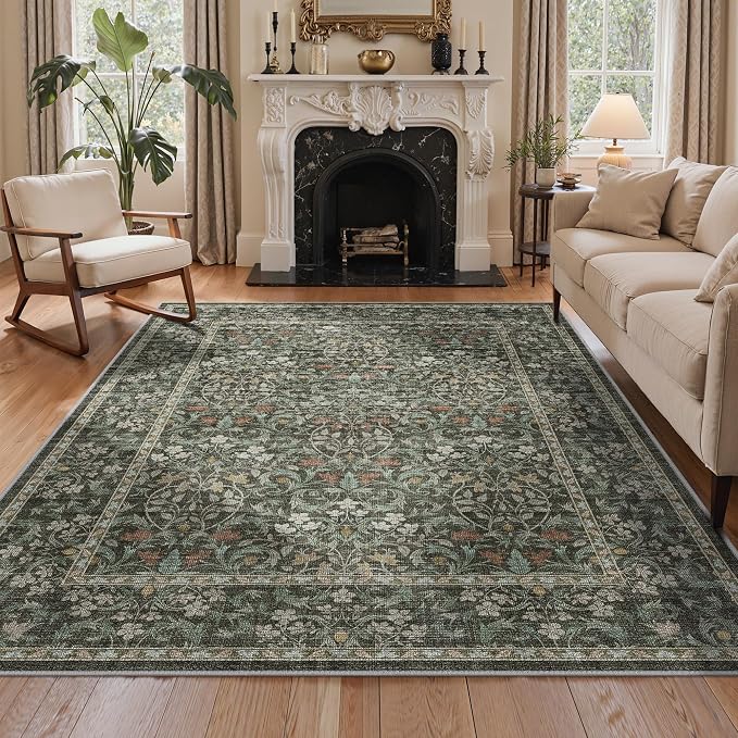 GENIMO 5x7 Washable Area Rugs for Living Room, Non Slip, Black | Vintage Boho Floral Low Pile Thin Carpet for Bedroom, Dining Room, Nursery, Indoor Decor