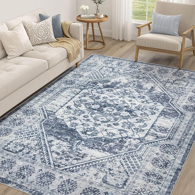 Vintage Living Room Area Rug 5x7 - Large Soft Washable Oriental Traditional Distressed Farmhouse Rugs for Bedroom - Indoor Floor Accent Carpet for Home Office House Decor - Distressed Blue
