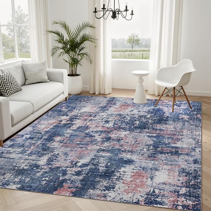 Sasttie 4x6 Soft Area Rug for Living Room, Modern Abstract Washable Carpet for Bedroom, with Non-Slip Backing, Pink and Blue