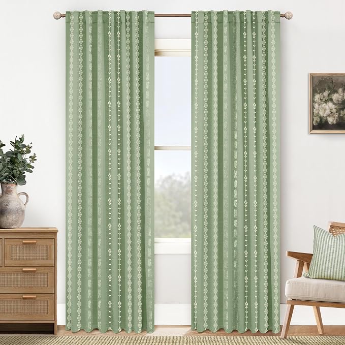Sage Green Boho Cottage Core Curtains for Bedroom, Vintage Floral Cottagecore Pattern Semi Blackout Drapes, Light Green Farmhouse Style Window Panel for Living Room, 84 Inches Long