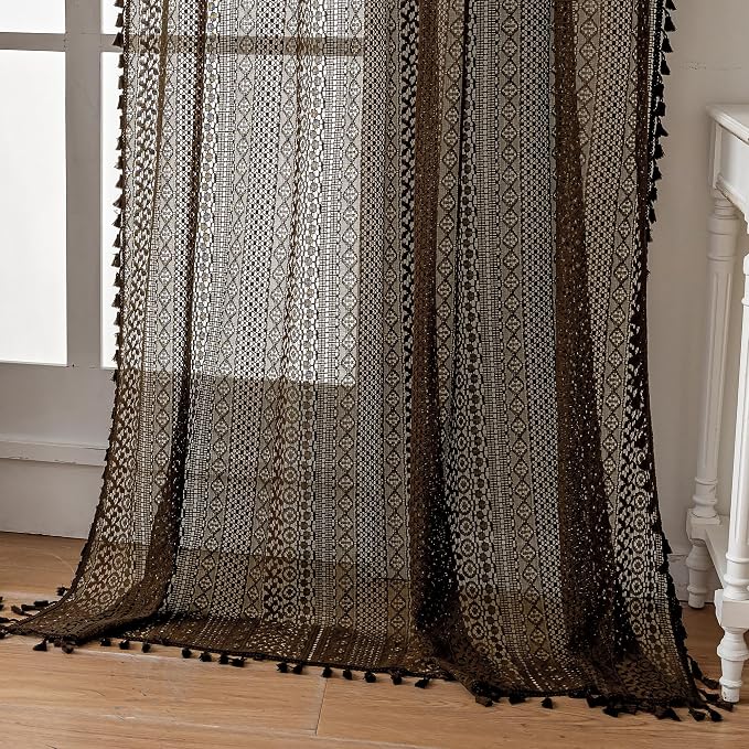 WAZZIO Boho Lace Curtains 84 Inches 2 Panel,Light Filtering Privacy Tassel & Geometry Crochet Semi Sheer Curtain Drapes for Bedroom Living Dining Room,Rod Pocket & Tassel,Chocolate Brown