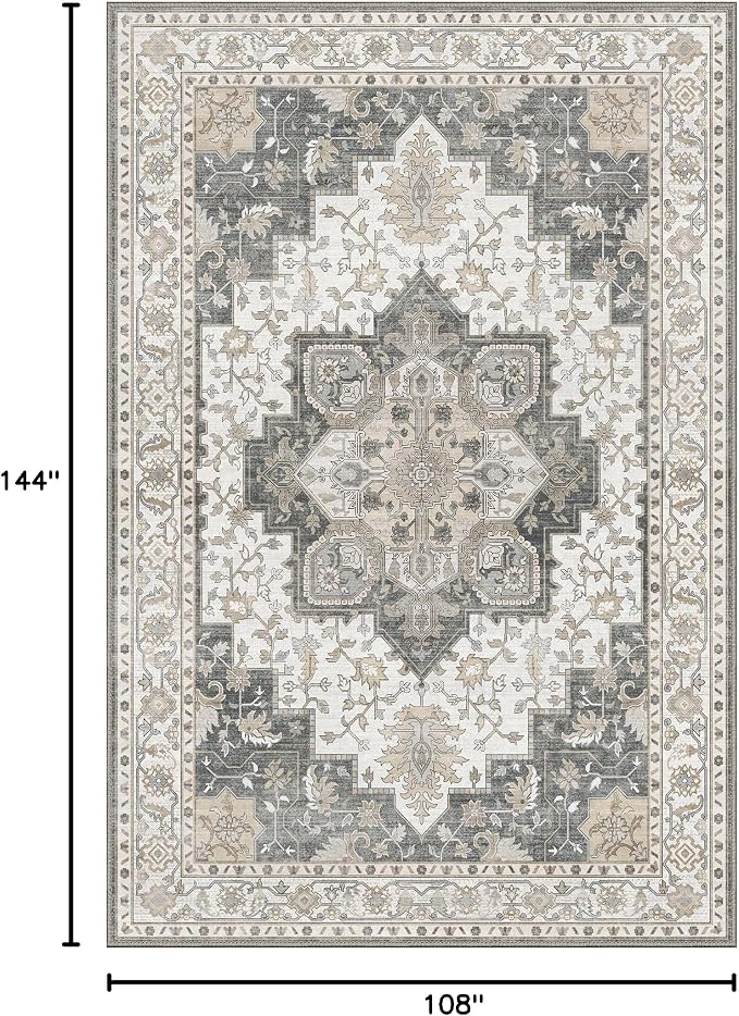 GENIMO 9x12 Area Rugs for Living Room, Non Slip Machine Washable Vintage Rugs, Low Pile Lightweight Print Large Rug for Bedroom, Dining Room, Home Office, Heathered Grey