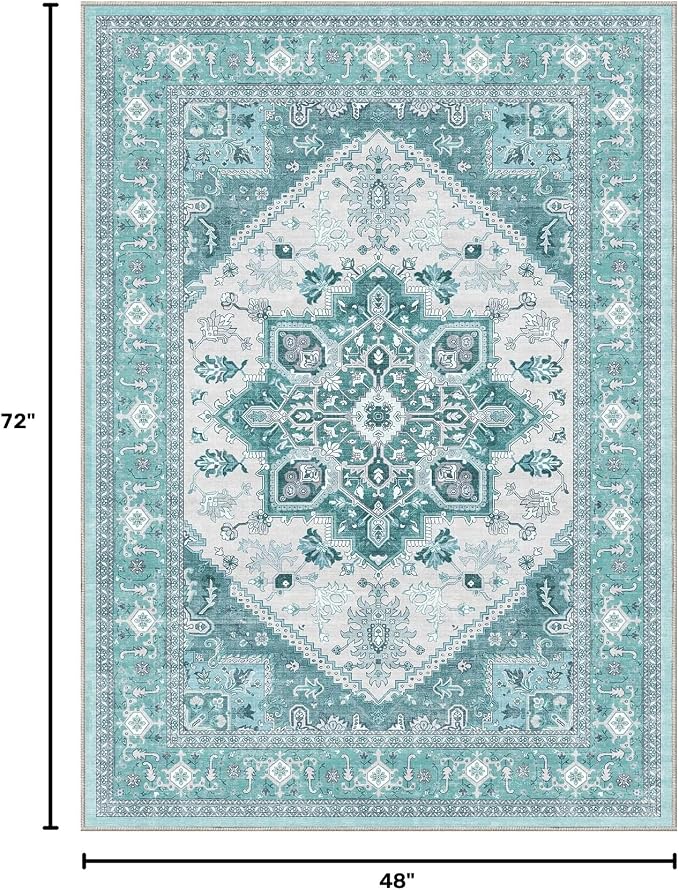 OPPODREAM Soft Area Rugs 4x6, Low-Pile Washable Rugs 4x6 with Non Slip Backing, Faux Cashmere 4 x 6 Throw Carpet, Teal & Turquoise & Cream