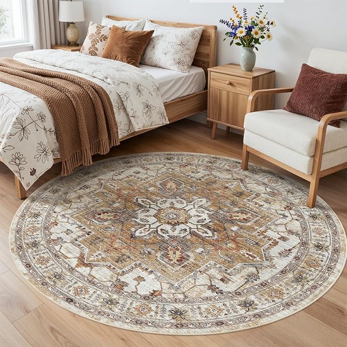 Madane Washable 6ft Circle Round Rug, 6x6 Circular Area Rugs, Turmeric/Grey | Non-Slip Vintage Floor Carpet for Living Room Dining Room, Low Pile Home Decor Mat For Bedroom Office Under Table