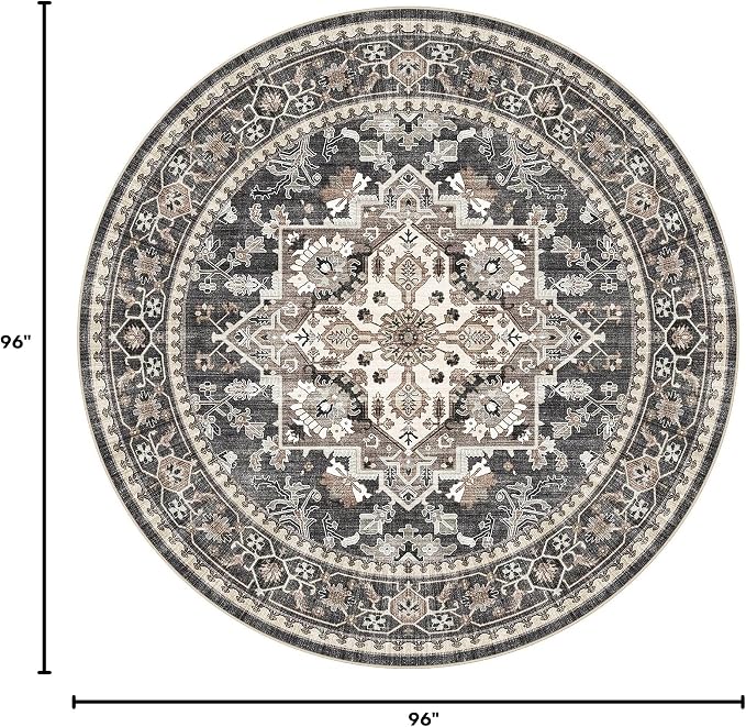 8ft Round Area Rug: Washable Vintage Neutral Soft Non Slip Thin Large Floor Carpet for Living Room Bedroom Kitchen Dining Room Home Office Farmhouse Indoor - Black