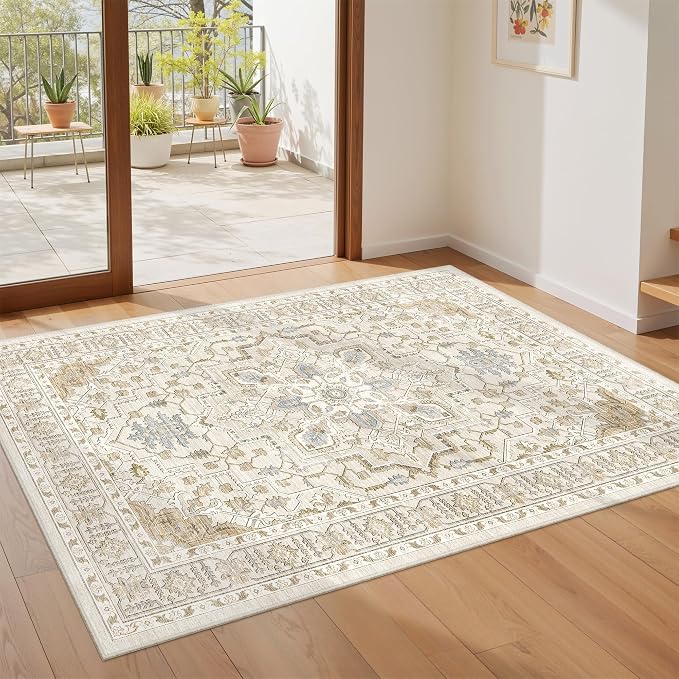 Area Rugs for Living Room - 3x5, Boho Non-Slip Low Pile Carpet Machine Washable Rugs for Bedroom Office, Dining Room (Beige)