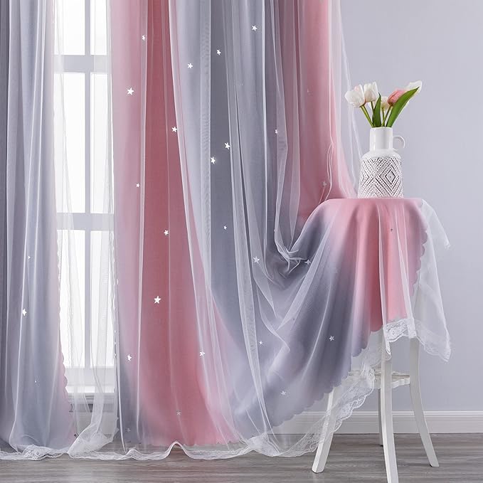 XiDi Curtains for Bedroom Decor, Rainbow Pink-Grey-34-45