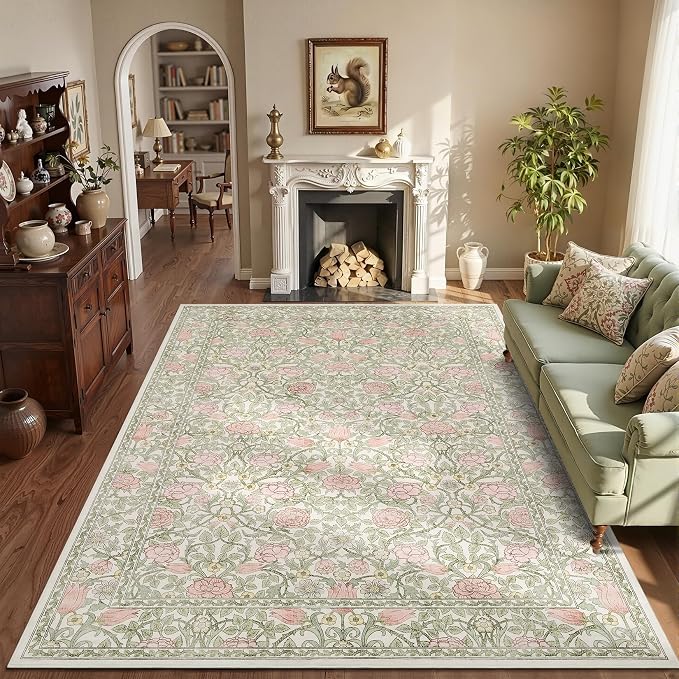 GarveeHome Pink and Green Beige Washable 9x12 Area Rugs for Living Room Vintage Floral Boho Botanical Retro Rug Low Pile Stain Resistance Non Slip Carpet for Bedroom Nursery Dining Room