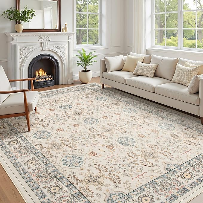 Vintage Living Room Area Rug 7x9 - Large Soft Washable Oriental Traditional Distressed Farmhouse Rugs for Bedroom - Indoor Floor Accent Carpet for Home Office House Decor - Multi