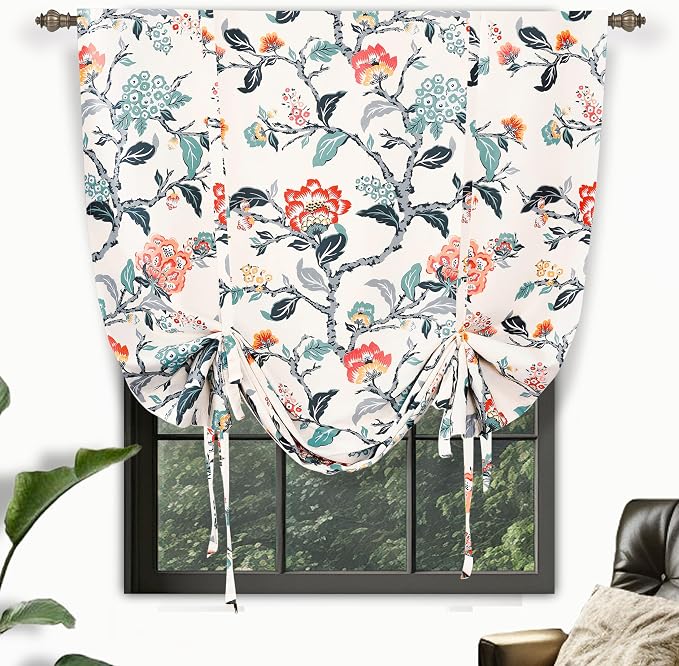 DriftAway Ada Floral Botanical Print Flower Leaf Lined Thermal Insulated Room Darkening Blackout Tie Up Window Curtains 2 Layers Each 45 Inch by 63 Inch Ivory Orange Teal