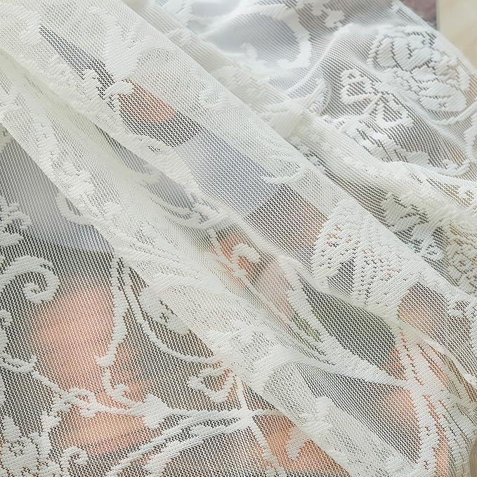 TUDECO Short Lace Curtains 63 Inch Length - Cottagecore Embroidered Sheer Ruffle Floral Drapes for Bedroom Nersury Vintage Rod Pocket Cream Lace Curtains 2 Panels, 59 x 63 Inch, Ivory
