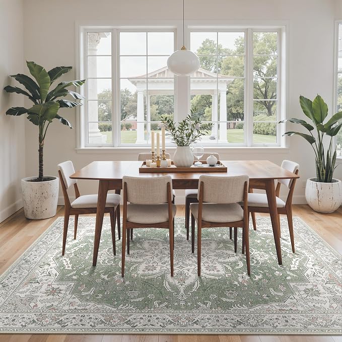GENIMO 3X5 Washable Vintage Area Rugs for Living Room, Non-Slip Low Pile Chenille Print Rug, Soft Rugs for Bedroom Dining Room Home Office, Sage & Linen