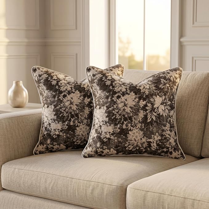 Vintage Floral Throw Pillow Covers 20x20 Inches Set of 2 Boho Farmhouse Pillow Cases Premium Chenille Textured Decorative Cushion Covers for Couch Retro Garden Farmhouse Style Coffee