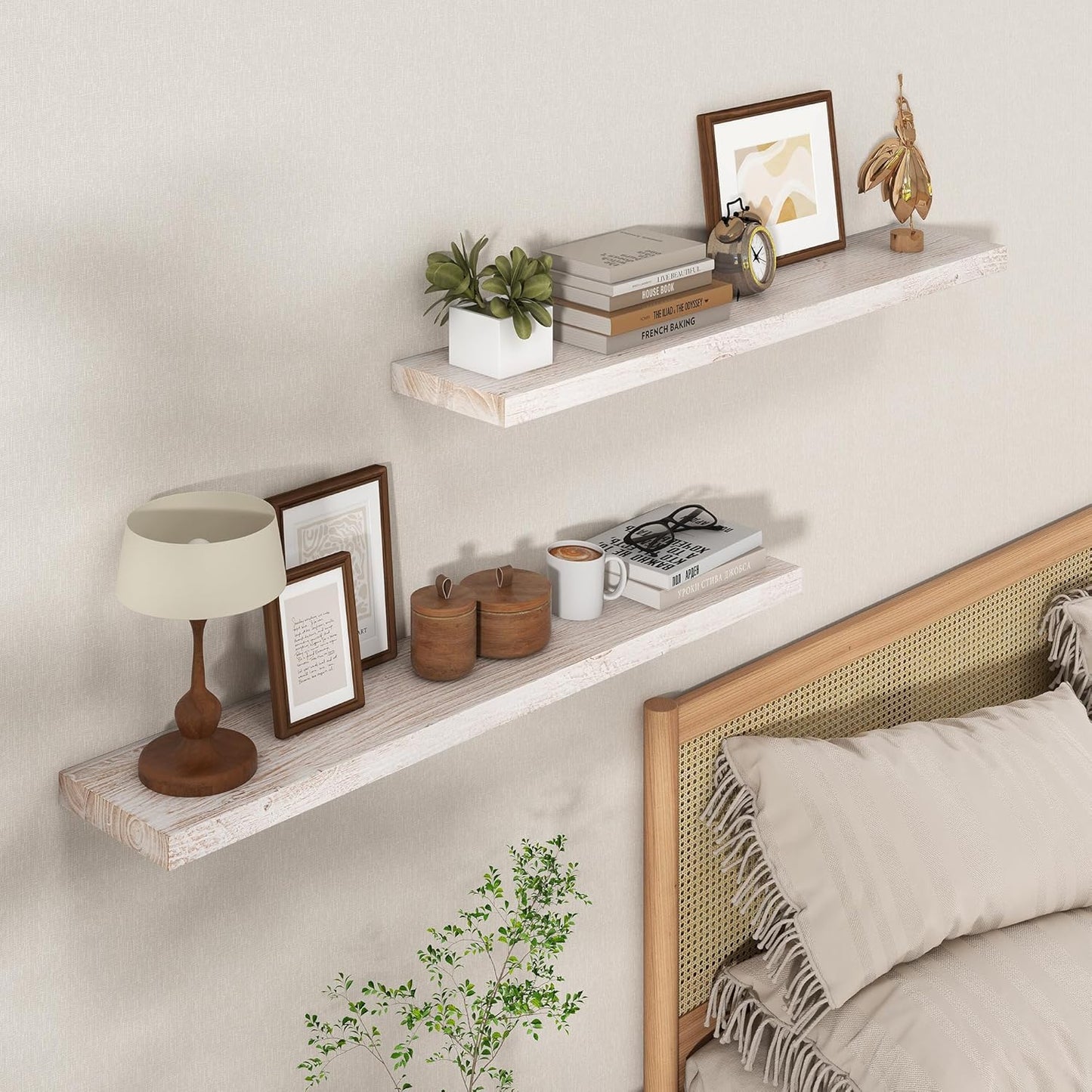 Axeman Floating Shelves for Wall - 40''W x 8'' D Rustic Solid Elm Wood Shelves for Storage, Wall Mounted Display Shelving with Invisible Heavy-Duty Metal Bracket (White Wash, 2PCs)