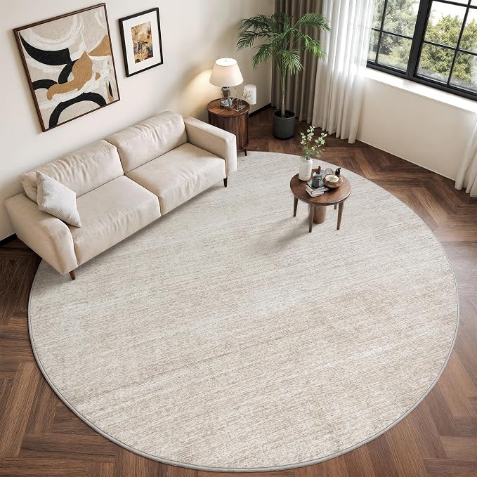 Valenrug Washable Round Area Rugs 6x6 - Stain Resistant 6ft Round Rugs for Living Room, Non Slip Backing Printed Rugs for Bedroom, Folable Machine Washable Area Rug (6ft, Beige)
