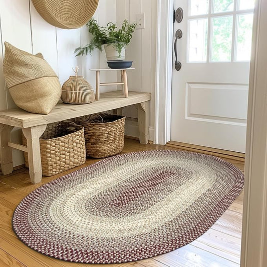 Super Area Rugs Braided Rugs 3X5 Durable Entryway Rug - Ridgewood Farmhouse Braided Rug for High Traffic Areas - Reversible - Indoor/Outdoor - Made in USA - Burgundy/Beige, 3' X 5' Oval