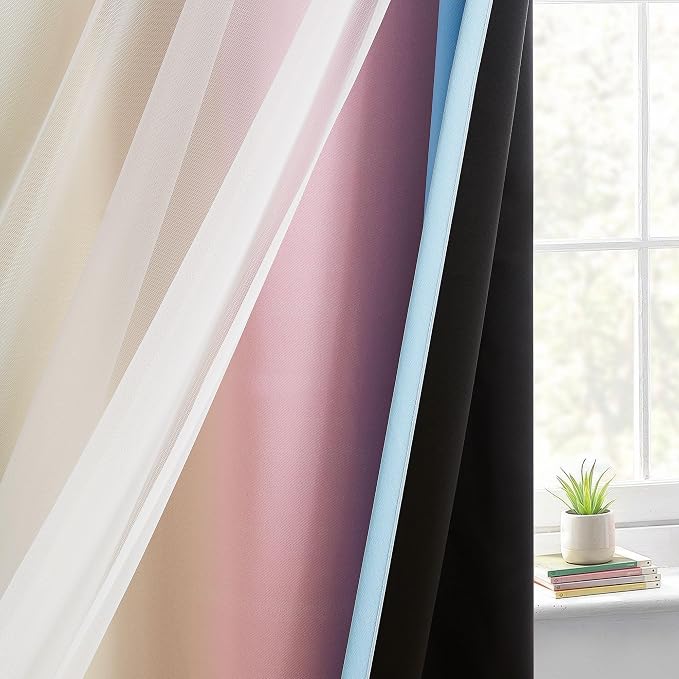 Rainbow Ombre 100% Blackout Curtains 72 Inches Long 2 Panels for Kids Bedroom Living Room Double Layer Sheer Overlay Mix & Match Grommet Thermal Insulated Soundproof Drapes with Tiebacks