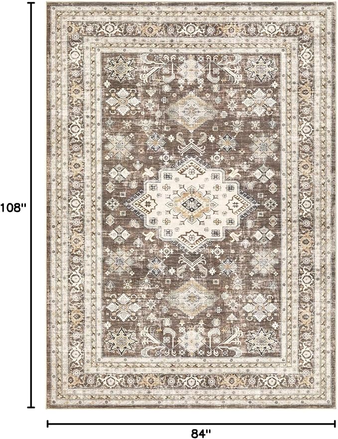 Vintage Living Room Area Rug 7x9 - Large Soft Washable Oriental Traditional Distressed Farmhouse Rugs for Bedroom - Indoor Floor Accent Carpet for Home Office House Decor - Dark Brown