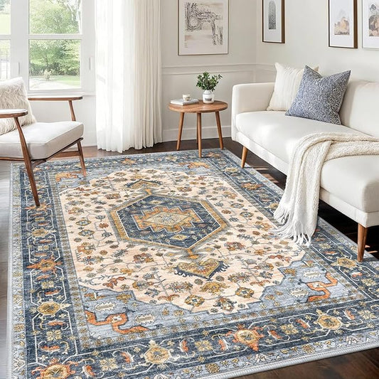 KUTA Area Rug 5x7 Ivory Blue, Vintage Washable Rugs for Living Room Ultra Soft Non-Slip Printed Tribal Traditional Farmhouse Carpet for Bedroom Dining Room Dorm Office Home Decor
