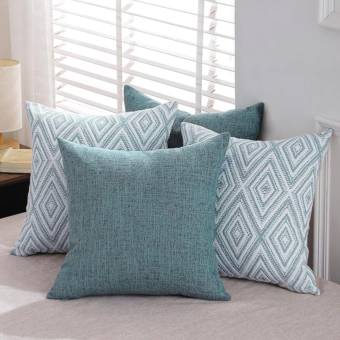 HPUK Throw Pillow Covers 18x18 Inch Set of 4, Blue Linen-Textured Decorative Pillow Covers, Square Accent Cushion Covers for Couch Sofa Bed Bedroom Living Room Decor, Covers Only