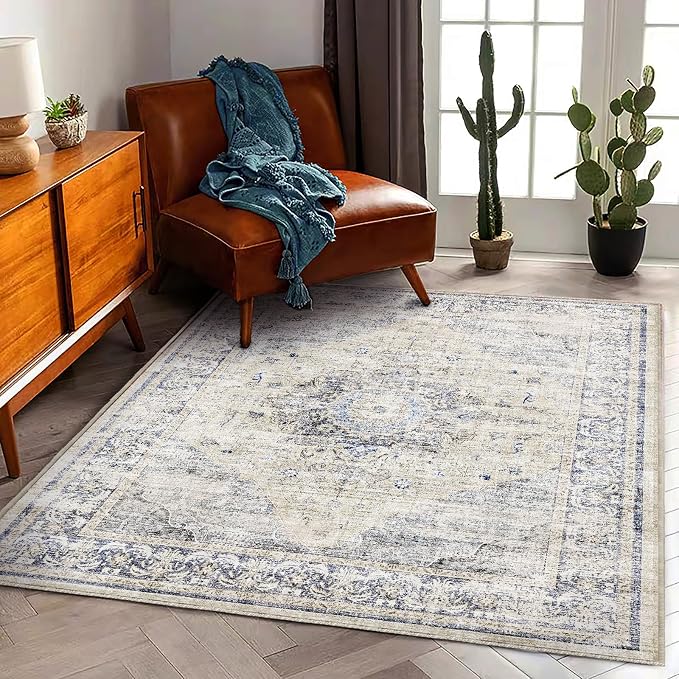 CHAMPLANT Area Rug 5'x7' Washable Rug Floral Blue Vintage Traditional Floor Cover Thin Retro Kitchen Indoor Distressed Non Slip Carpet for Living Room Bedroom Dining Room