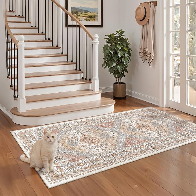 zesthome 2x4 Washable Rug Runner for Bathroom, Soft Entryway Rug for Laundry Room, Kitchen, Vintage Abstract Hallway Runner for Bedroom, Anti-Slip Door Mat Indoor Entrance(Orange,2'x4')