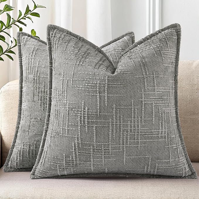 decorUhome Chenille Throw Pillow Covers 22x22 Set of 2, Soft Textured Slubby Modern Decorative Pillow Covers with Elegant Design for Couch, Sofa, Living Room, Grey