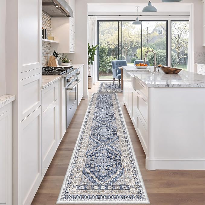 zesthome Long Hallway Runner Rug- Carpet Runners for Hallway 12ft, Anti Slip Backing Washable Rug Runner for Bathroom, Entrance, Living Room, Soft Low Pile Rug Runner(Blue/Beige,2'x12')