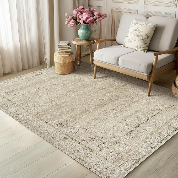 BILEEHOME Cream and Light Tan Rug for Bedroom Neutral Boho Farmhouse Floral Washable Soft Distressed Low Pile Non Slip Area Rugs for Living Room Home Office,5x8