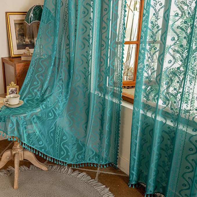 WAZZIO Boho Lace Curtains 2 Panels 72 Inch -Victorian Sheer Panel Drape French Country Floral Pattern & Tassel Light Filtering Privacy for Bedroom Dining Living Room,Coastal Decor,Teal,W52x L72
