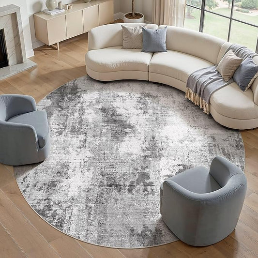 Abstract 10FT Round Rug: Machine Washable Non Slip Ultra Thin Low-Pile Carpet, Soft Stain Resistant for Living Dining Room Bedroom, Kid Pet Friendly, Robot Vacuum Compatible - Grey