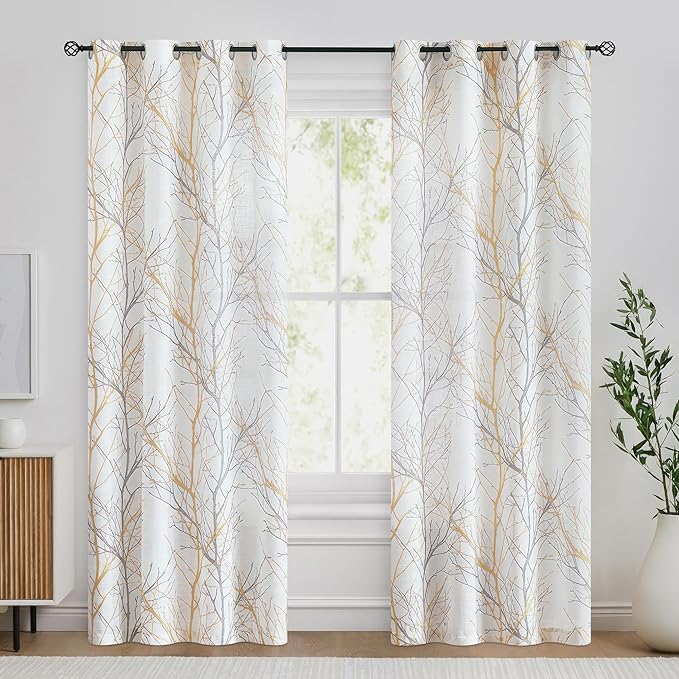 FMFUNCTEX Linen Semi Sheer Curtains for Bedroom, Yellow White Curtains 72 Inches Long for Living Room, Grey Tree Branch Print Curtain Light Filtering Farmhouse Window Drapes, Grommet Top 2 Panels