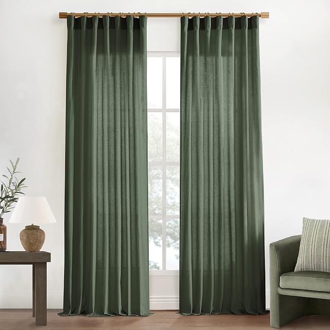 XTMYI Olive Green Linen Curtains, Light Filtering Sheer Window Treatments, Boho Floor to Ceiling Curtains for Bedroom Aesthetic Living Room, 84 Inches Long, 2 Panels Set
