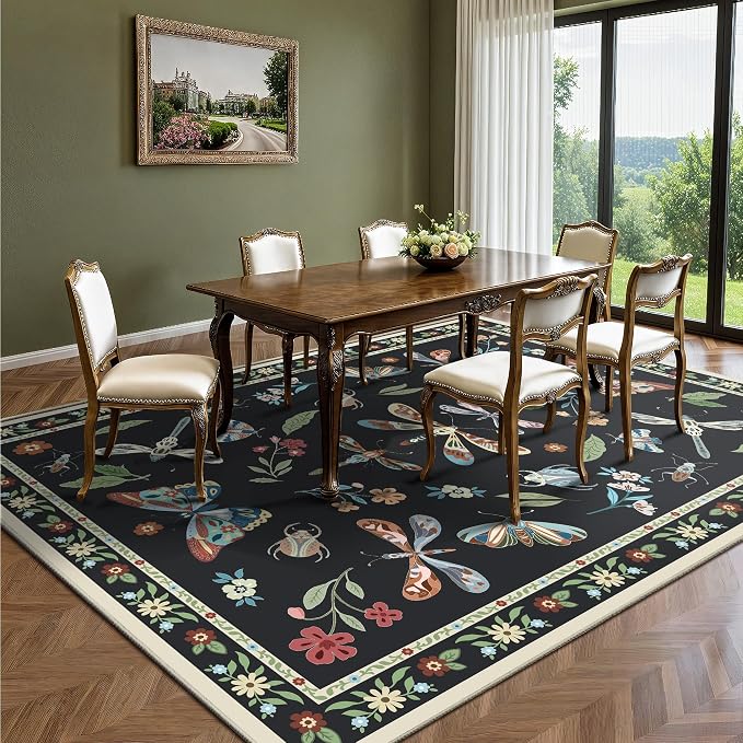 Area Rug 5x7, Insect Ultra Soft Washable Rug Non Slip with Rubber Back, Stain Resistant Rugs for Living Room, Bedroom, Dining Room(Dark Black Butterfly)