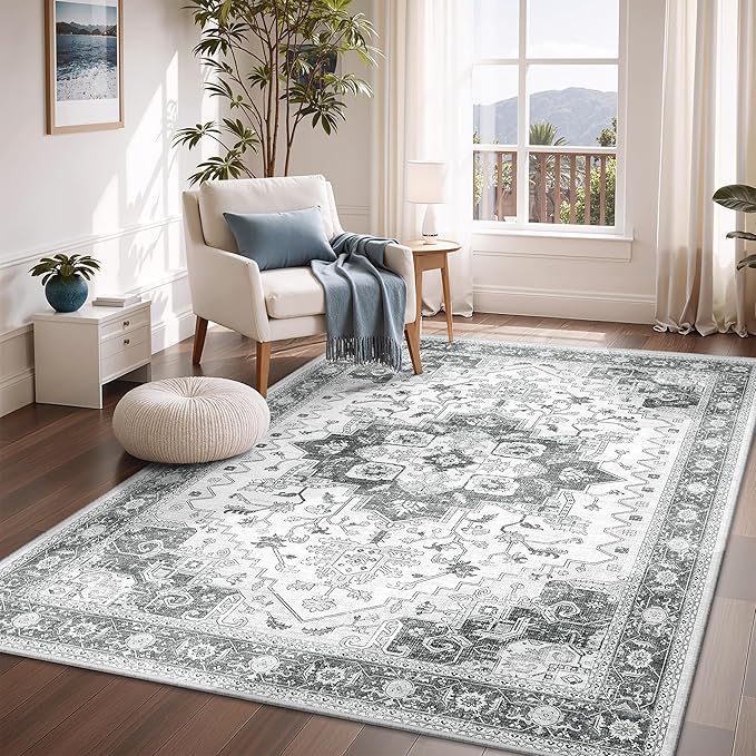Area Rugs for Living Room 4x6, Boho Non-Slip Low Pile Carpet Washable Rugs for Bedroom,Office, Dining Room Grey
