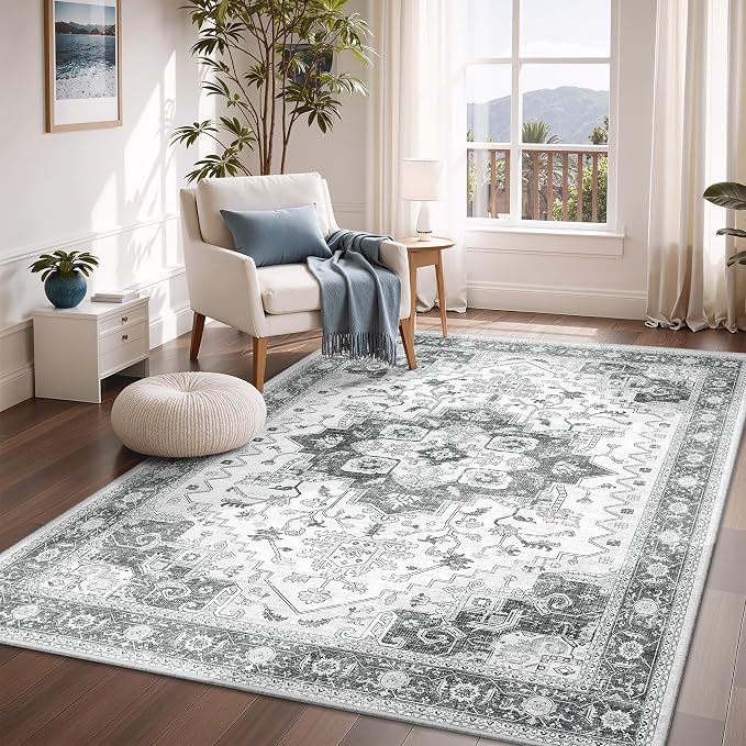 3x5 Entryway Rug Indoor Washable Boho Non-Slip Low Pile Carpet Washable Rugs for Bedroom Bedside, Farmhouse, Office, Dining Room Grey